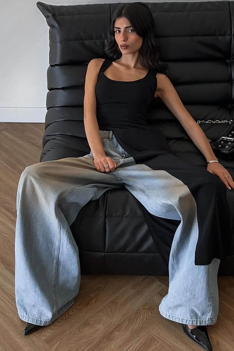 Women's Sleeveless Slit Top – Asymmetrical Hem, Fitted, Black, Red, White-81088-cd64e569-b4c5-4321-871a-d9cb97e184f9