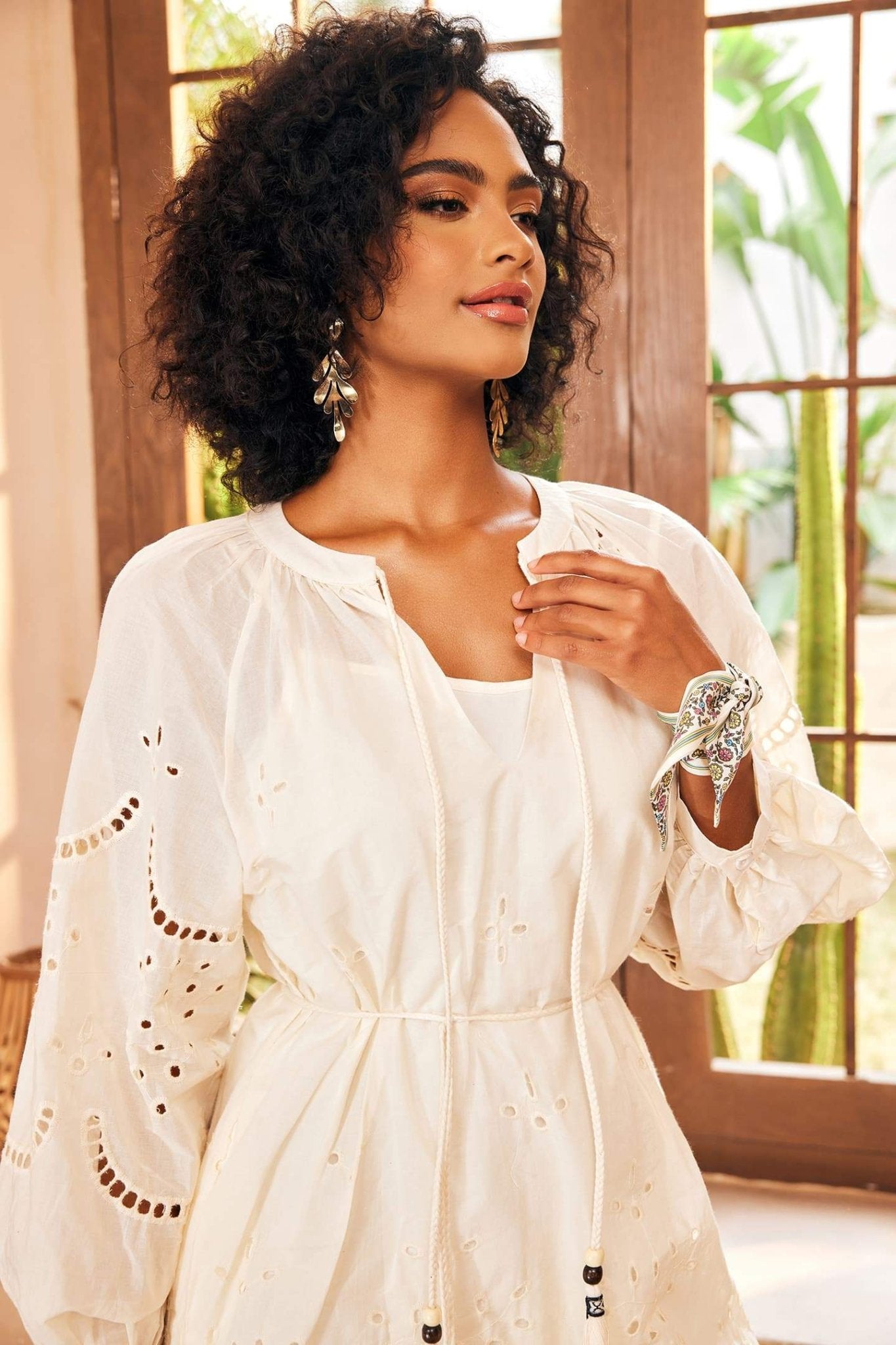 Women's White Eyelet Midi Dress – Voluminous Sleeves, Drawstring Waist, Cotton Blend, Bohemian-81044-cebed04c-420f-4f3b-a75a-b4b32e59cd08