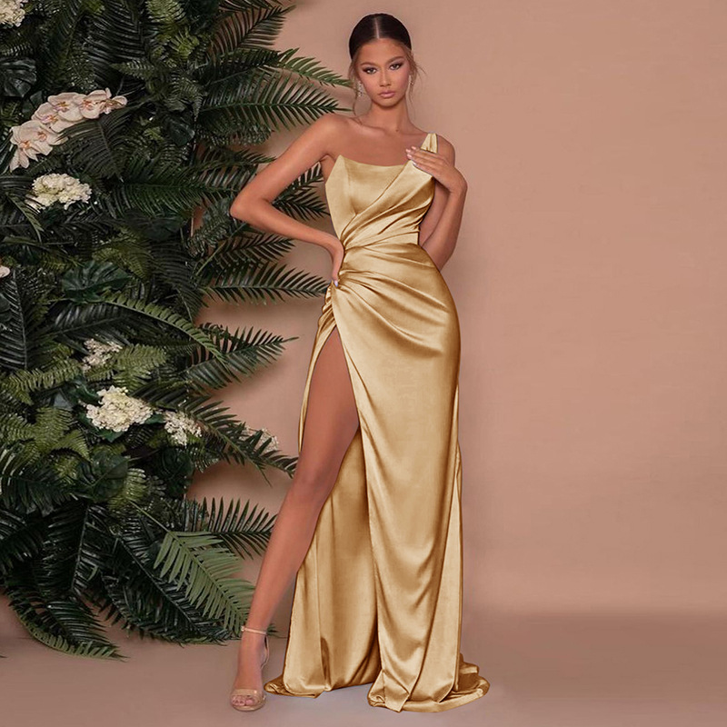 Women's One-Shoulder Satin Gown – High Slit, Draped Bodice, Floor-Length, Black/Gold, Elegant Formal Style-83228-cef59b9f-8b85-4a77-a12d-354fb534cc7d