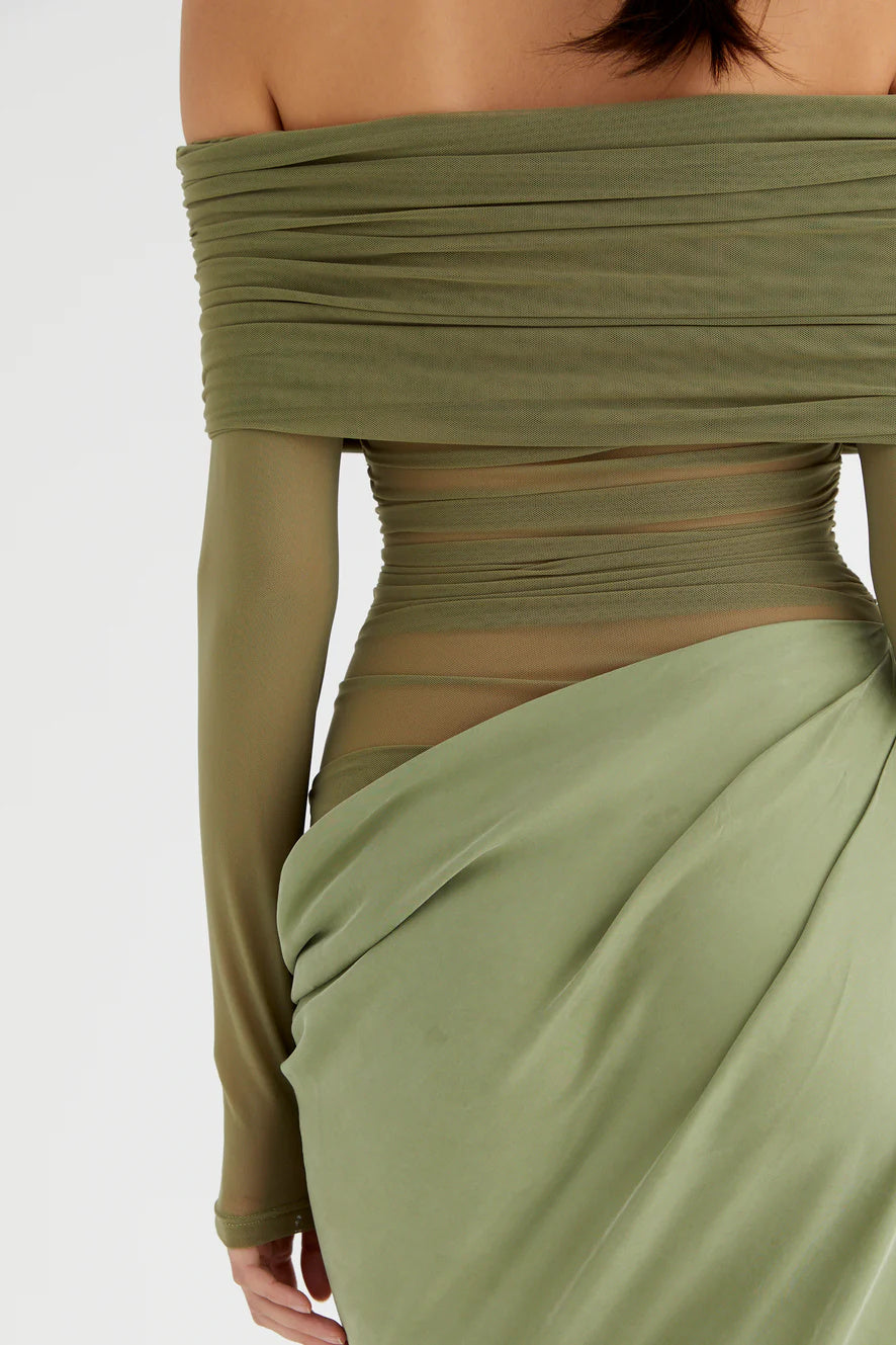 Women's Sheer Mesh Off-Shoulder Maxi Dress - Draped Skirt, Ruched Bodice, Black/Olive Green-81020-d0402151-67f0-489f-bbd1-c581f4e0c4f5