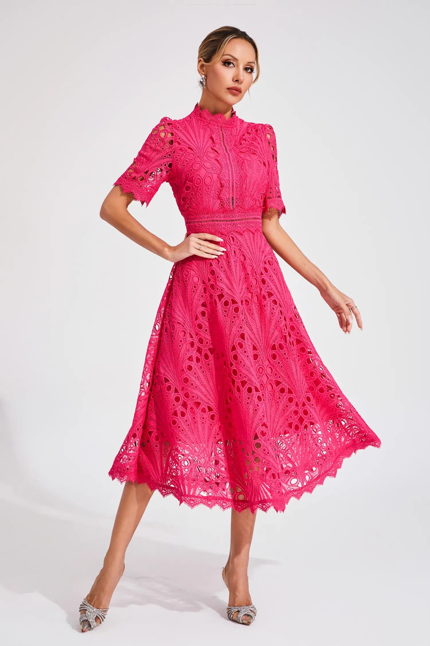 Women's Lace Midi Dress – High Neck, Short Sleeve, Cut-Out Detail-83326-d18bc645-3f3d-49d7-be75-a0722ca27098