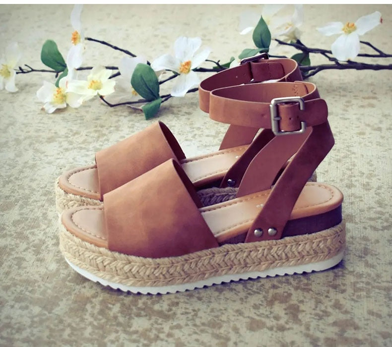 Women's Platform Sandals – Woven Jute Sole, Adjustable Ankle Strap, Open Toe-82622-d1bc60f5-ed30-4b08-af14-bfd7cff44779