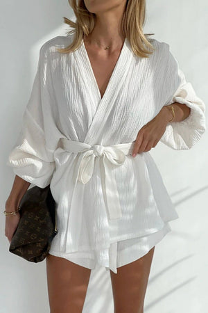 Women's White Textured Wrap Top & High-Waisted Shorts Set with Wide Sleeves, Cotton Blend, Bohemian Style-79799-d358fc98-695c-4c18-b330-640c78a21bac