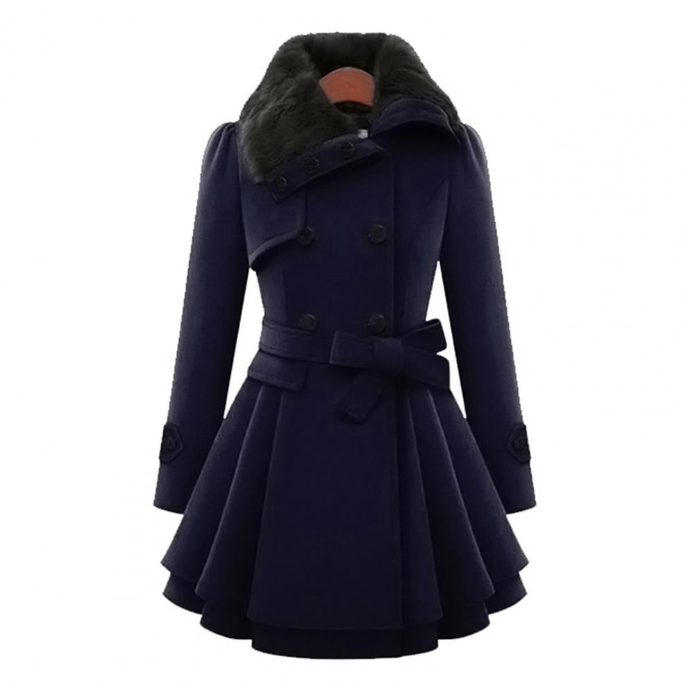 Women's Double-Breasted Winter Coat – Faux Fur Collar, Flared Skirt, Waist Belt, Sydney Wardrobe-82347-d3a8113f-99a9-4977-8437-6e8abedad80e