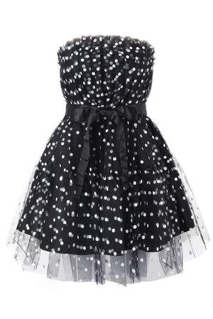 Women's Black Strapless Polka Dot Tulle Mini Dress with Ruffled Bodice & Satin Bow-81042-d3e2052d-dc2b-413f-87ca-e830d98438ef