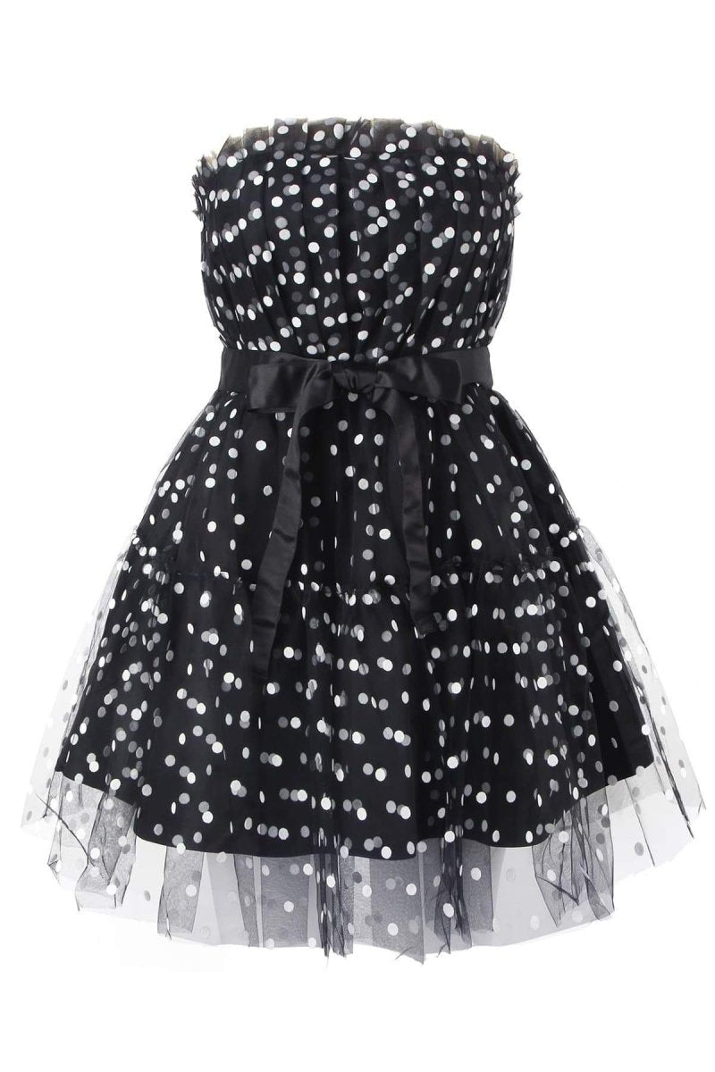 Women's Black Strapless Polka Dot Tulle Mini Dress with Ruffled Bodice & Satin Bow-81042-d3e2052d-dc2b-413f-87ca-e830d98438ef