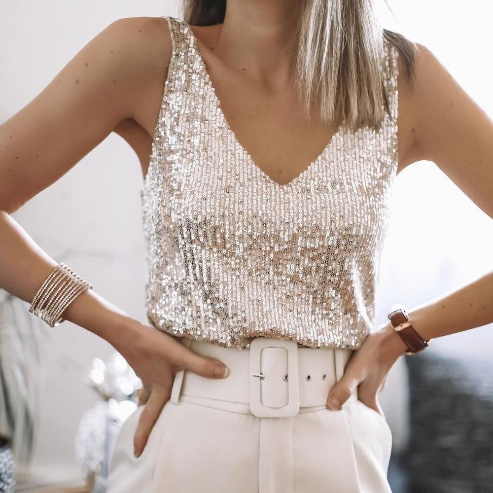 Women's Sequin V-Neck Sleeveless Top – Silver, Glamorous Style, Sydney Wardrobe-81318-d41e4628-4aa7-4e42-984b-248c88dbe3fe