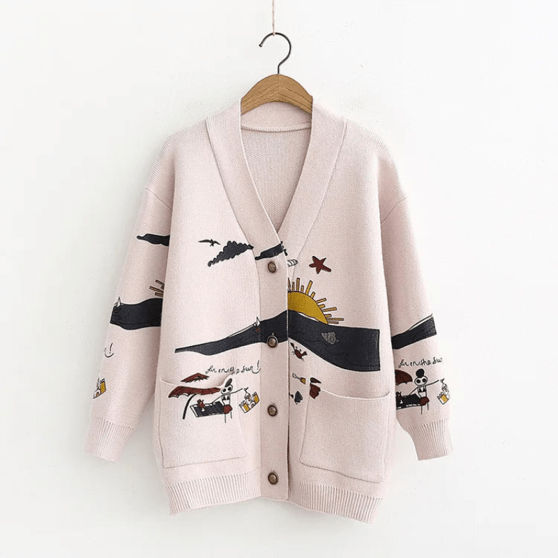 Women's Oversized Knit Cardigan – Light Beige, Whimsical Embroidered Design, Button-Down-67581-d43030b0-1d03-4335-8aa2-e1243ff49be5