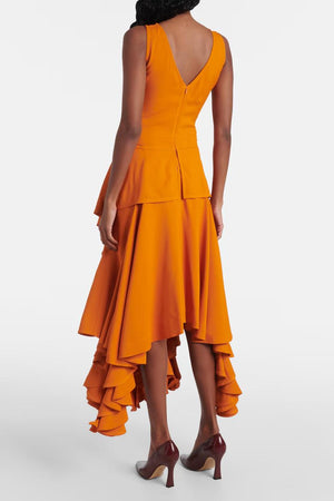 Women's Orange Ruffled High-Low Dress – Sleeveless V-Neck Elegant Modern Style-81084-d4643897-0ea5-4980-8d38-1421eb0fc79f