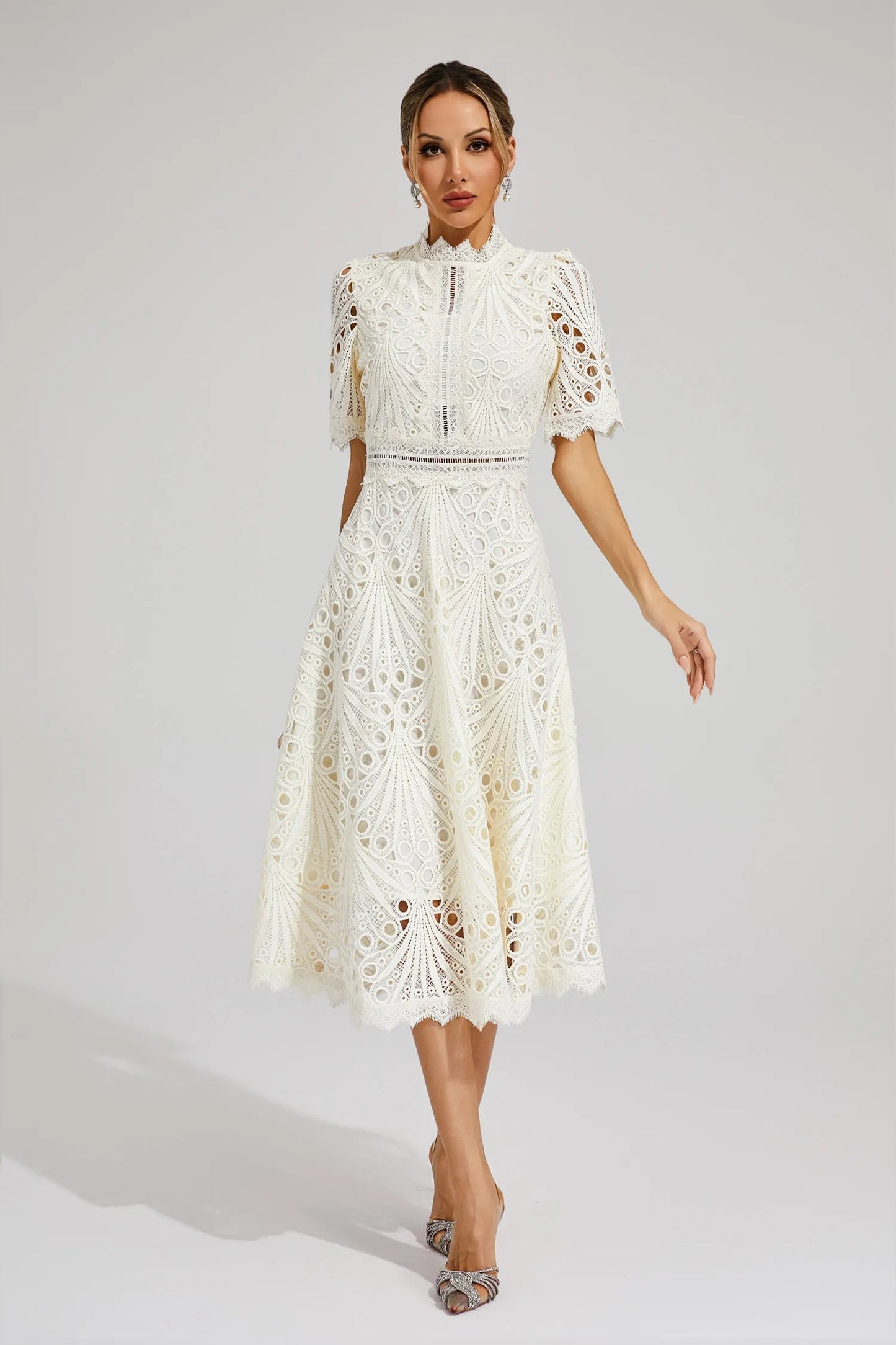 Women's Lace Midi Dress – High Neck, Short Sleeve, Cut-Out Detail-83326-d5738900-4099-44d8-b2dc-e7135e4faf1d
