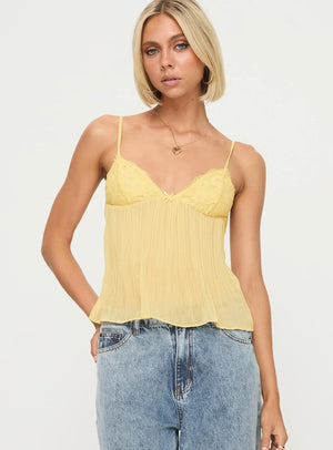 Women's Yellow Pleated Cami Top with Lace Detail, Feminine Style-83482-d6090cfd-ab6b-4bad-94c0-164ab1de4126