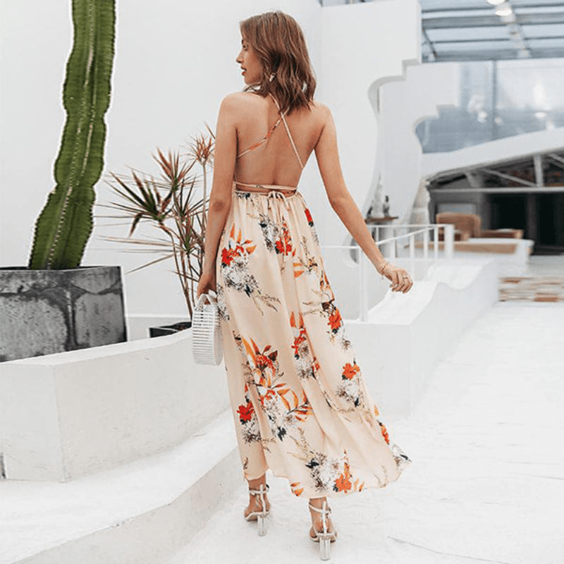 Women's Peach Floral Maxi Dress – Lightweight Polyester, Plunge Neck, High Slit, Bohemian Style-67705-d637840d-2795-4331-ac33-d7877bd79504