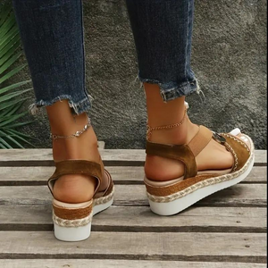 Women's Wedge Sandals – Brown Suede-Like, Jute Trim, Silver Buckle, Open Toe, Ankle Strap-82621-d67e4900-3f6c-4656-8e15-023a5e8615f8