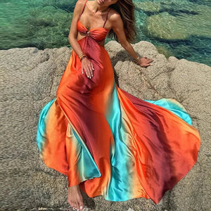 Women's Maxi Dress – Orange Silk Gradient, Waist Cut-Out, Bohemian Elegant, Sydney Wardrobe-83195-d768446c-b974-4330-ad42-7df7d0eaeb26
