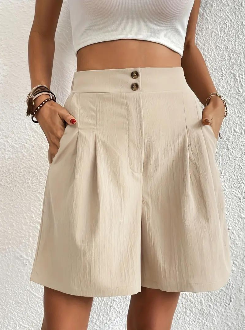 Women's Shorts – High-Waisted, Pleated Front, Functional Pockets, Versatile Style-82558-d78965aa-3223-4a7c-8311-700e20d4114d