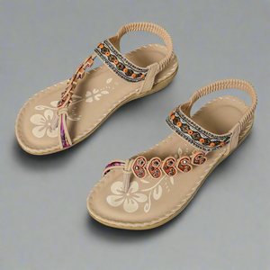 Women's Flat Sandals – Beaded Floral T-Strap with Elastic Ankle Strap, Multi-Color-83364-d8317ed5-e0f8-49b7-abcb-a852c94e5875