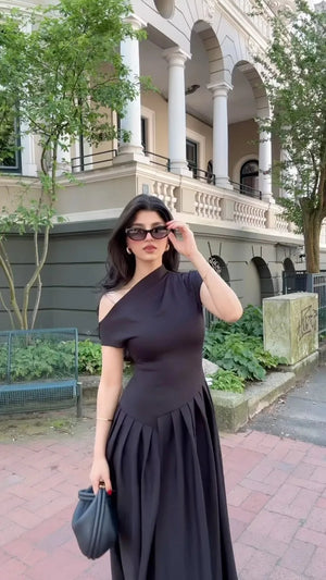 Women's Pleated Dress – Fitted Bodice, Midi/Floor Length, High Neckline or One-Shoulder, Green/Black, Sydney Wardrobe-77276-d845e620-39e8-49c5-a4bf-a7d7409d5d2c