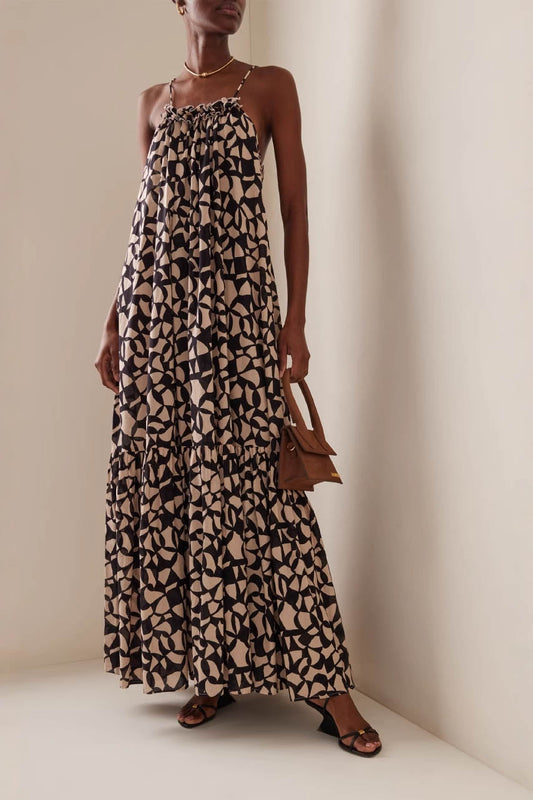 Women's Maxi Dress – Black Beige Geometric Halter Tiered Lightweight-81092-d8eb3338-251e-4241-a401-9a7fc8a00277