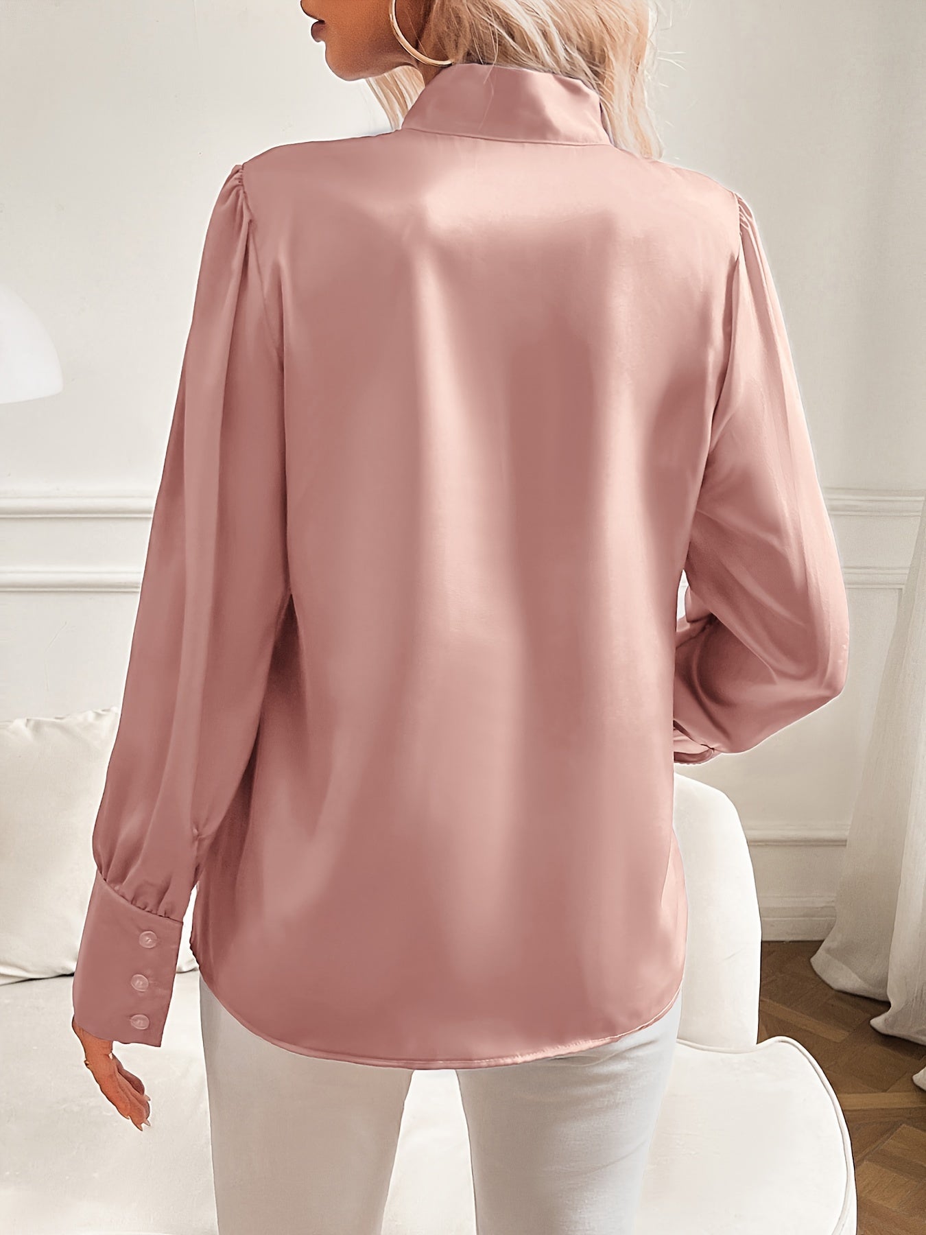 Women's Satin Blouse – Bow Tie Neckline, Puffed Sleeves, Navy/Pink-81414-d9597390-6814-48d7-bb99-26dd7af939d8