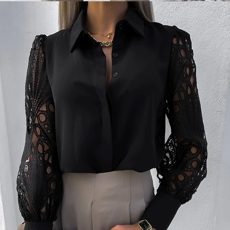 Women's Blouse – Collared Button-Down with Lace Cutout Sleeves, White/Black, Elegant-77098-d9f0ea1e-a5d0-4859-a1e8-93983d2fc358