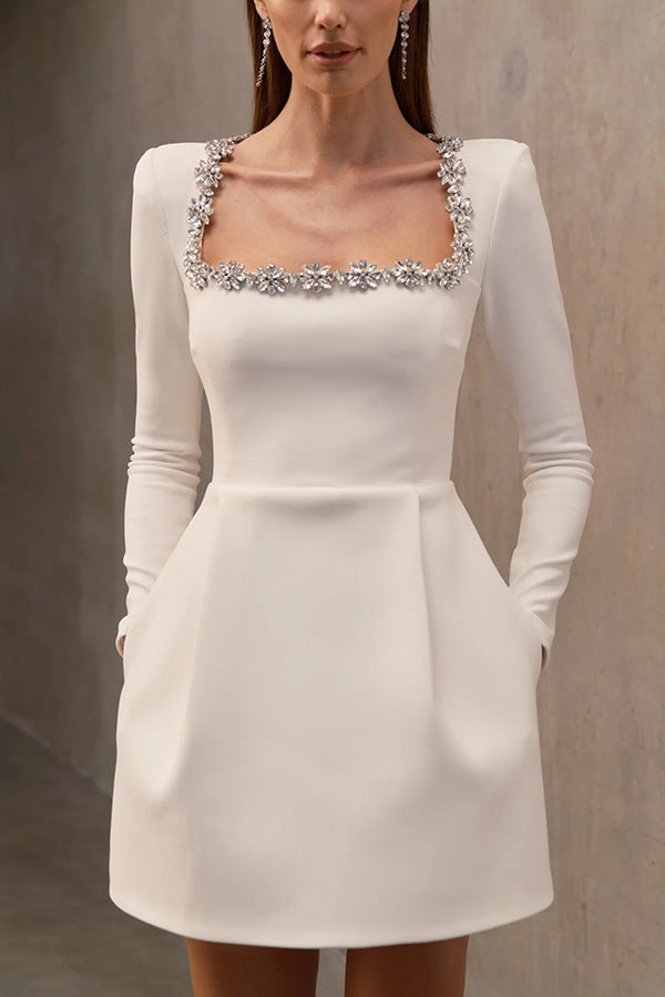 Women's Velvet Dress – Crystal Square Neck, Long Sleeve, Flared Skirt-79858-db65a8b8-7fa2-4069-aeb7-85901f6bd645