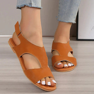 Women's Flat Sandals – T-Strap, Cut-Out Faux Leather, Adjustable Ankle Strap, White/Black/Brown-82727-db68755f-6206-4c4a-8094-39d102ee38cf