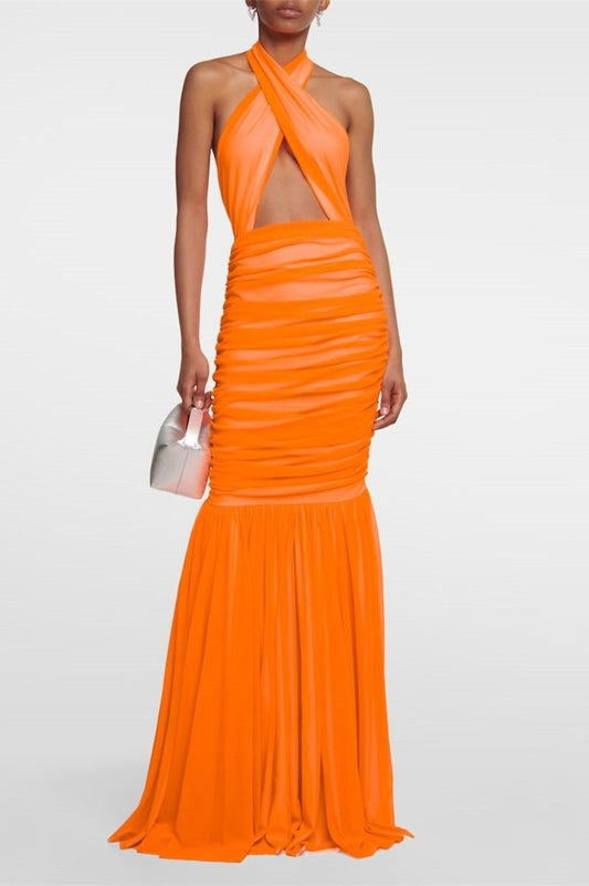 Women's Orange Halter Maxi Dress – Keyhole Cutout, Ruched Bodice, Pleated Skirt, Synthetic-81043-db68a4ff-59ee-47dc-81b9-98f46a833549
