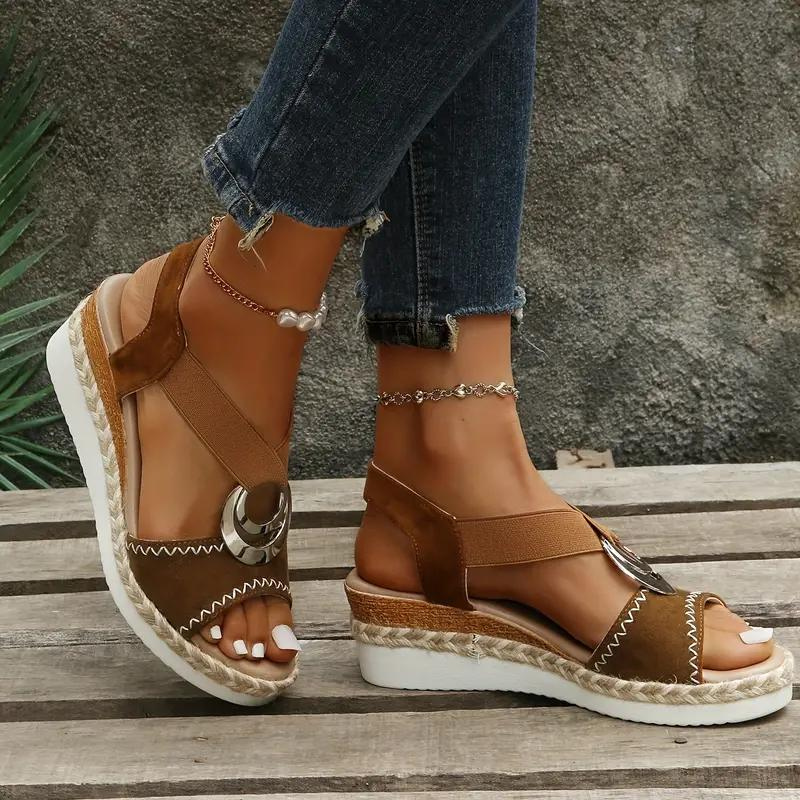 Women's Wedge Sandals – Brown Suede-Like, Jute Trim, Silver Buckle, Open Toe, Ankle Strap-82621-dc280c2d-9782-41da-ba36-c92412d98cc6