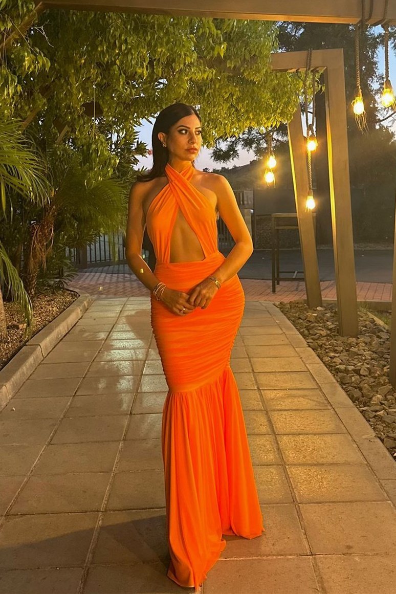Women's Orange Halter Maxi Dress – Keyhole Cutout, Ruched Bodice, Pleated Skirt, Synthetic-81043-dc7d5c46-09f7-4b0a-b5a7-54400caf3dc5