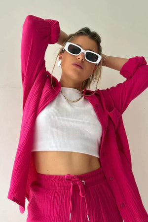 Women's Gauze Button-Down Shirt & Drawstring Shorts Set - Relaxed Fit, Multiple Colors-83244-dca37dd6-5dc6-4186-9317-a39752c8a7f7