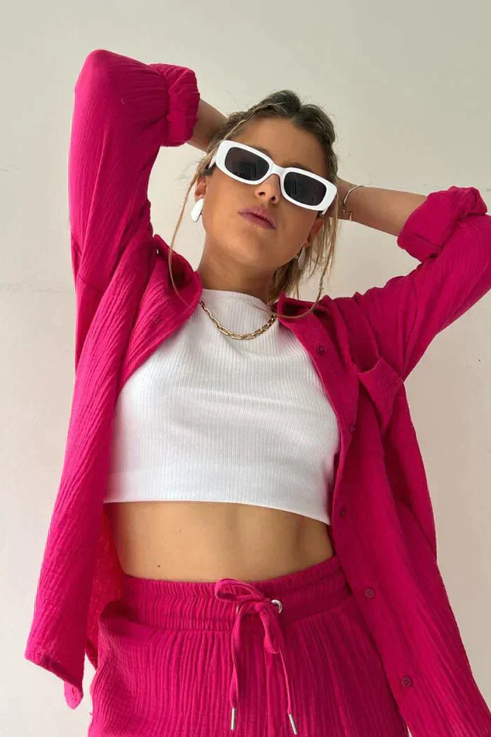 Women's Gauze Button-Down Shirt & Drawstring Shorts Set - Relaxed Fit, Multiple Colors-83244-dca37dd6-5dc6-4186-9317-a39752c8a7f7