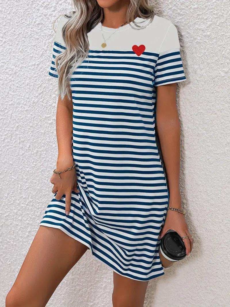 Women's Striped A-Line Short Sleeve Dress – Cotton Blend with Red Heart Appliqué, Casual-82664-dcbccf22-d5a0-41e6-92dd-604062120a33