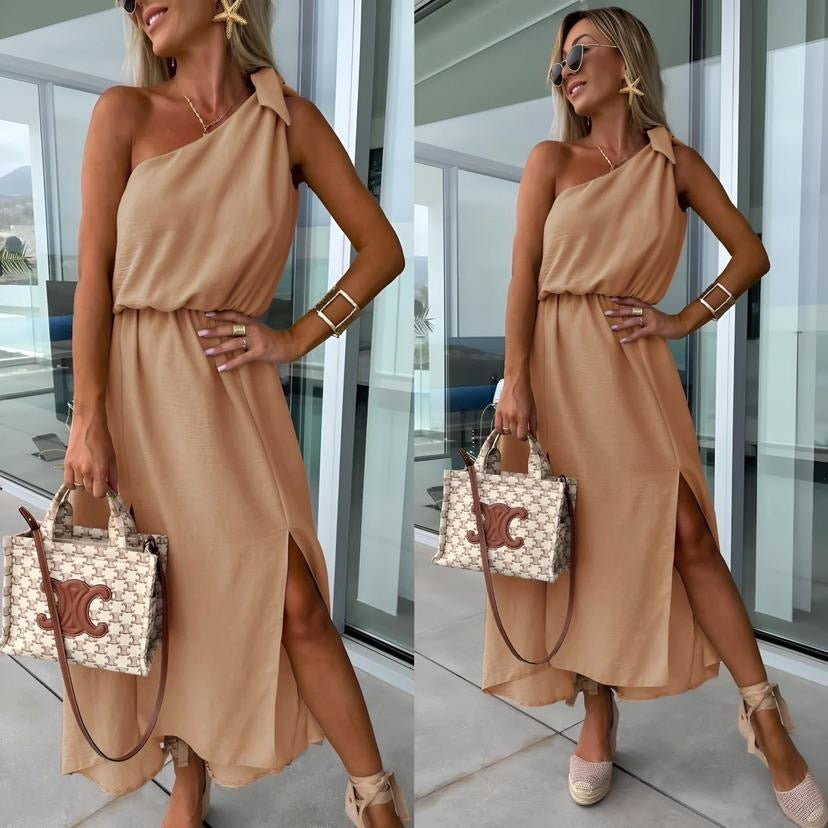 Women's Maxi Dress – One-Shoulder, Asymmetrical Neckline, Side Slit, Waist Tie-83342-df419138-a2a1-4594-a750-a1a5316c81b1