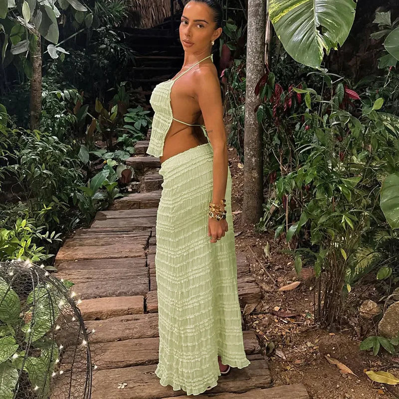 Women's Two-Piece Halter Top & Midi Skirt Set – Gathered Texture, Drawstring Waist-83709-df45448c-d422-458b-bd47-f97e5124c830