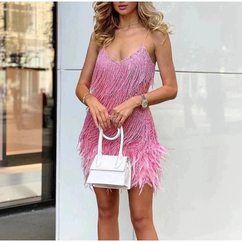 Women's Mini Dress – Fringe Detail Feather Trim Spaghetti Strap-83329-dfa02ad5-6699-410b-bddc-4e8290b37919