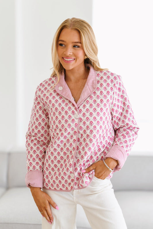 Women's Pink Floral Button-Down Top - Striped Trim, Long Sleeve, Cotton Blend, Relaxed Fit, Bohemian Style-80624-e02d1e93-798c-4f13-be1e-5b46cedb91c5