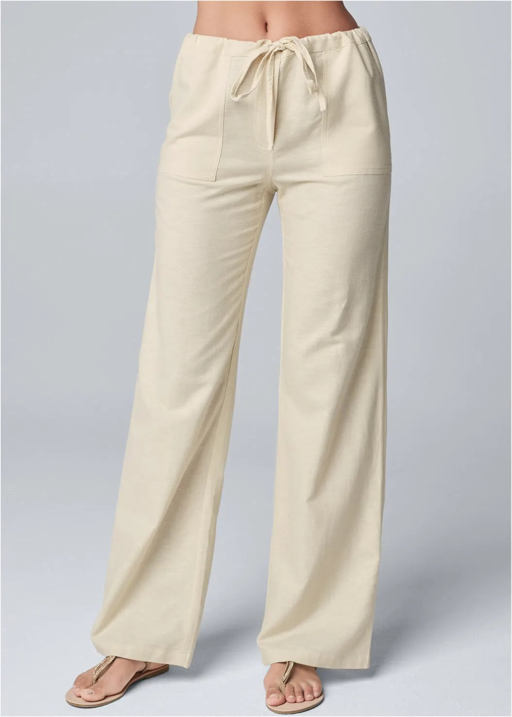 Women's Wide-Leg Linen Blend Pants - Drawstring Waist, Relaxed Fit, Beige Black White Gray-83219-e03e48ad-bf50-4f39-bcaa-95952624c333