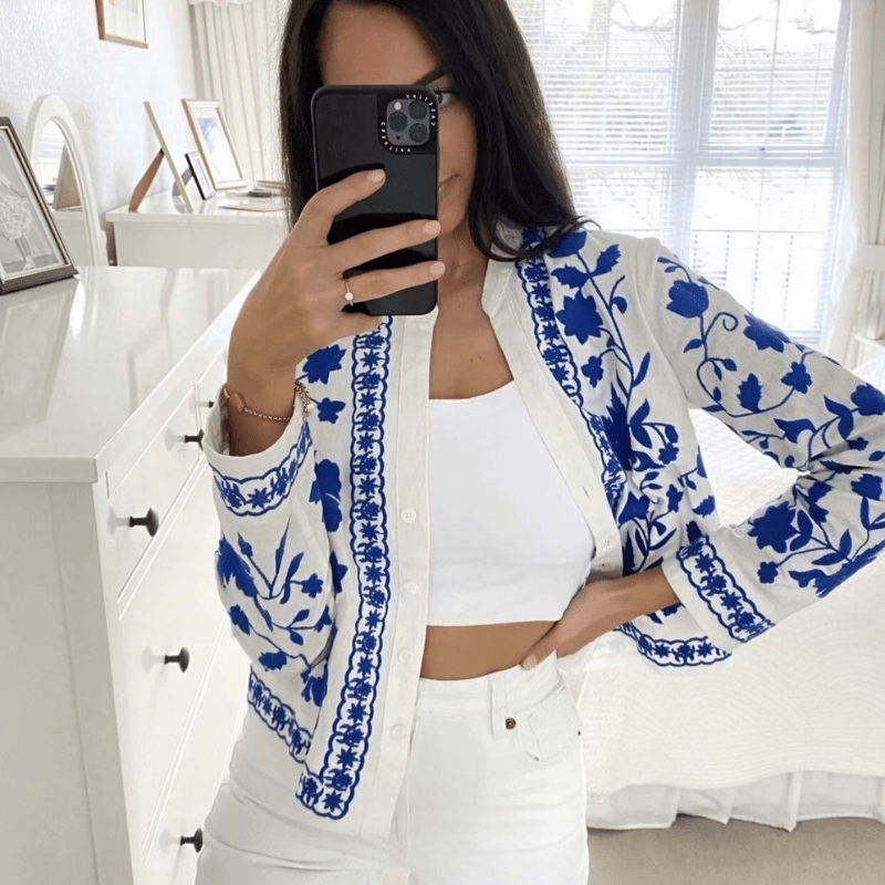 Women's White Cotton Jacket – Blue Embroidered Floral, Relaxed Fit, Flared Sleeves, Bohemian Style-67638-e3b73fd6-8c43-49a3-a707-7f4b054b435c
