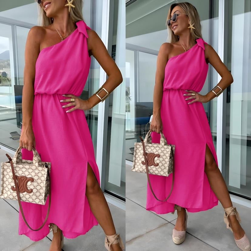 Women's Maxi Dress – One-Shoulder, Asymmetrical Neckline, Side Slit, Waist Tie-83342-e3f97f0e-75ae-4670-a65f-d384a4a2a926