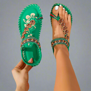 Women's Flat Sandals – Beaded Floral T-Strap with Elastic Ankle Strap, Multi-Color-83364-e601c840-344b-4f28-9d9b-842bd61df333