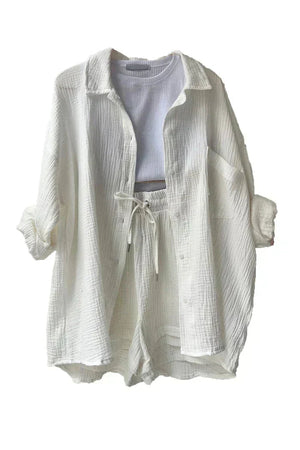 Women's Gauze Button-Down Shirt & Drawstring Shorts Set - Relaxed Fit, Multiple Colors-83244-e6942fbc-e434-4195-8a14-592c94a5d19f