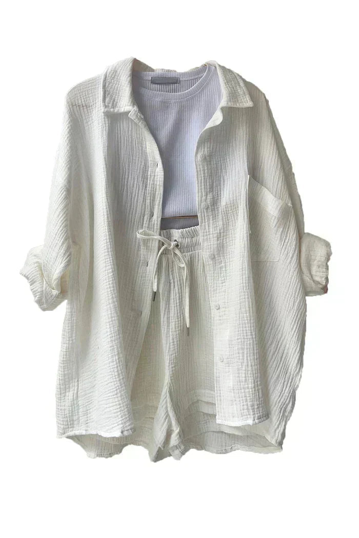 Women's Gauze Button-Down Shirt & Drawstring Shorts Set - Relaxed Fit, Multiple Colors-83244-e6942fbc-e434-4195-8a14-592c94a5d19f