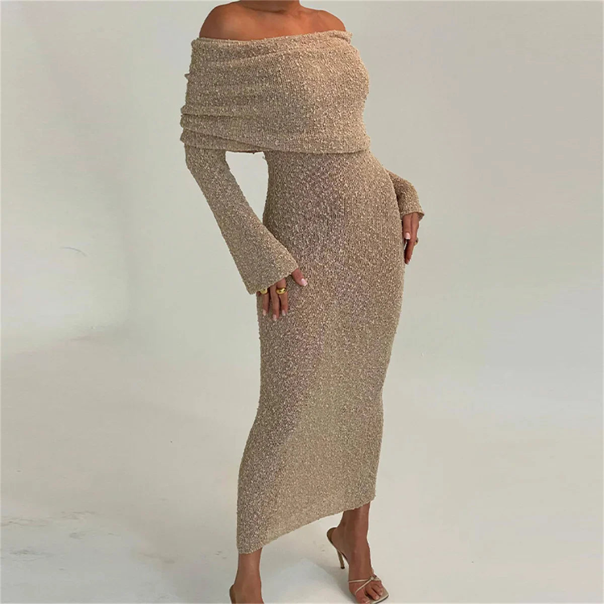 Women's Off-Shoulder Shimmer Dress – Flared Sleeves, Metallic Beige White-77267-e6969669-6388-4052-ae8d-afca1f9df256
