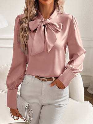 Women's Satin Blouse – Bow Tie Neckline, Puffed Sleeves, Navy/Pink-81414-e79f5a7b-7123-4c6e-ba29-02e9f6ddf4d3