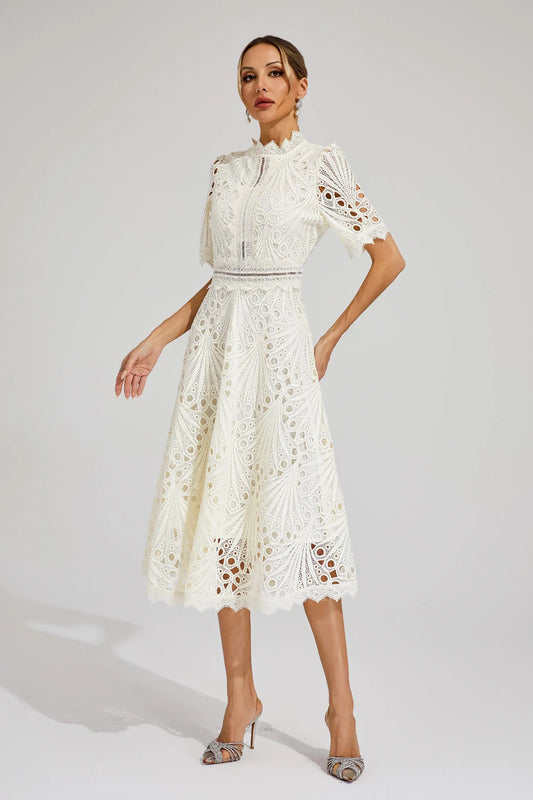 Women's Lace Midi Dress – High Neck, Short Sleeve, Cut-Out Detail-83326-e89ad2c0-e19c-4047-b299-5db089725c14