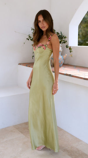 Women's Green Silk Feel Maxi Slip Dress – Embroidered Floral Straps-83165-e8cfb000-c35e-4507-84e4-61b37092617c