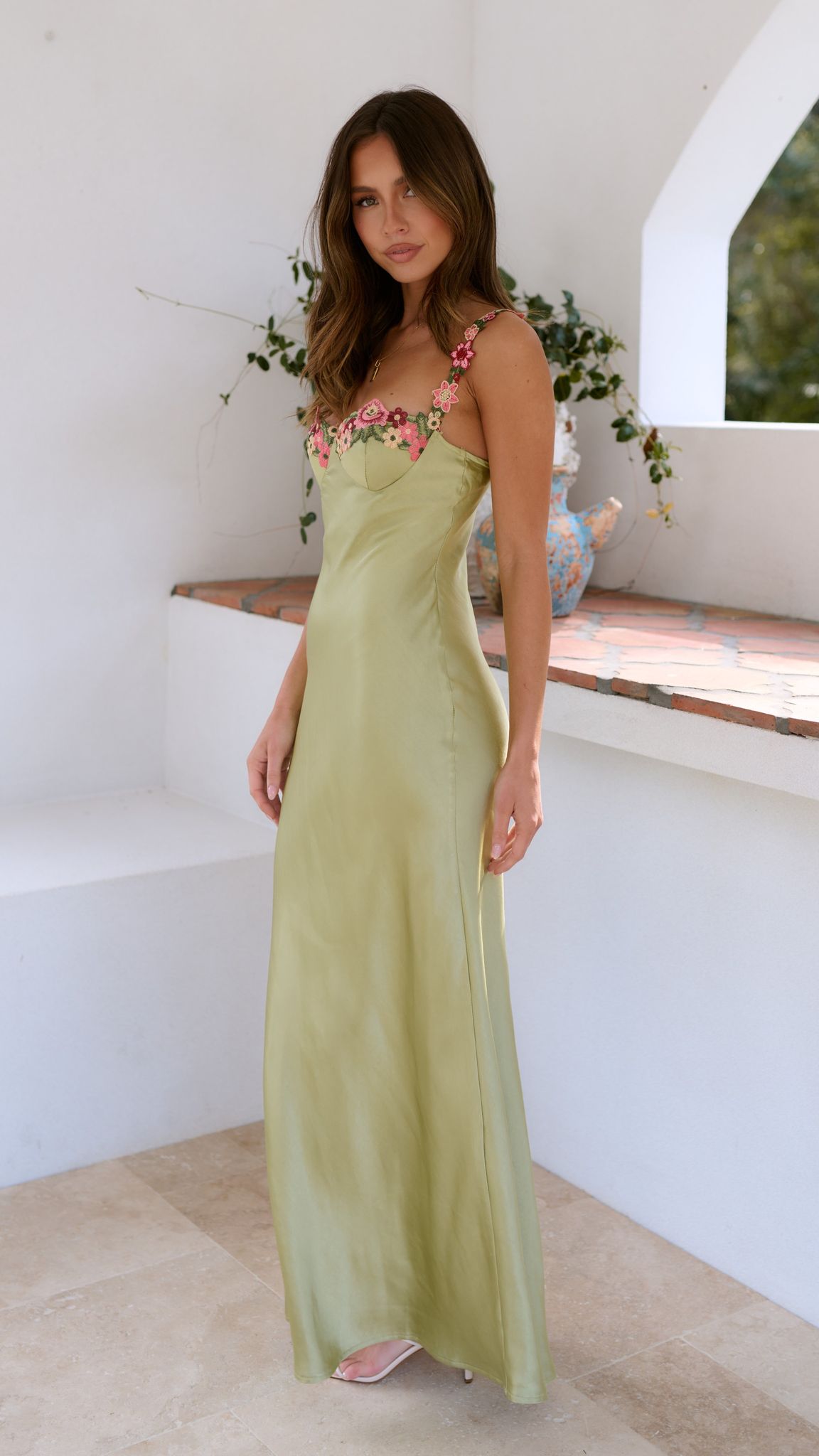 Women's Green Silk Feel Maxi Slip Dress – Embroidered Floral Straps-83165-e8cfb000-c35e-4507-84e4-61b37092617c
