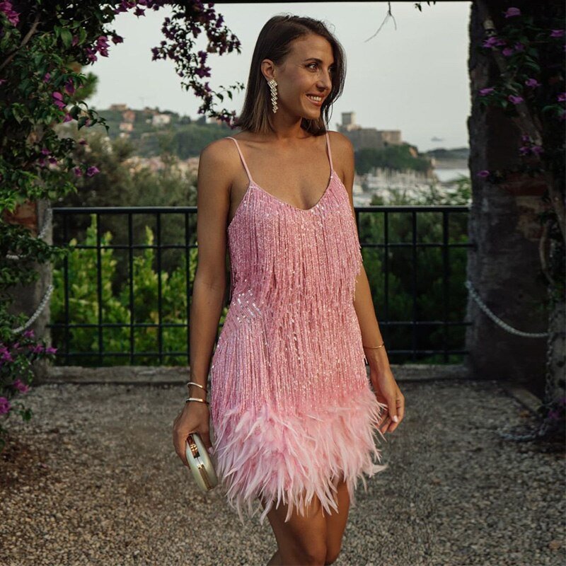 Women's Mini Dress – Fringe Detail Feather Trim Spaghetti Strap-83329-ea554334-1798-4674-8621-c84428bc26e7