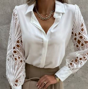 Women's Blouse – Collared Button-Down with Lace Cutout Sleeves, White/Black, Elegant-77098-ebc576ba-a2f3-49f1-b839-16411f3ec938