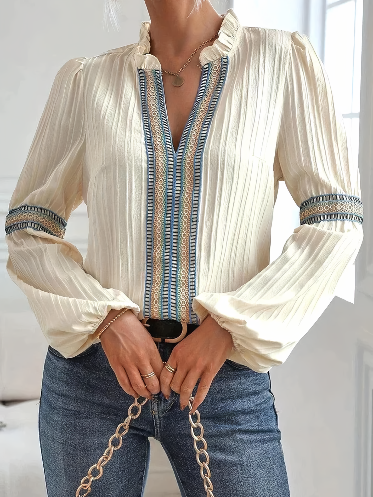 Women's Cream Embroidered Blouse – Pleated Polyester, Puffed Sleeves, Ruffled V-Neck, Bohemian Style, Sydney Wardrobe-77094-ebcbe721-7e1f-4ba1-ba4d-4076da462e95